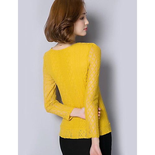Women's Plus Size Sophisticated Fall BlouseSolid Round Neck Long Sleeve Black / Yellow Polyester Opaque